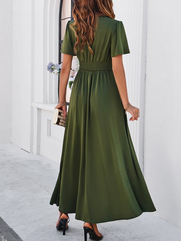 Women's new solid color V - neck waist dress - Formal Dress
