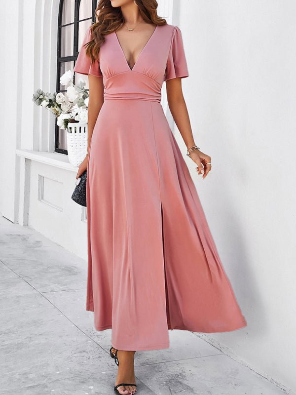 Women's new solid color V - neck waist dress - Formal Dress