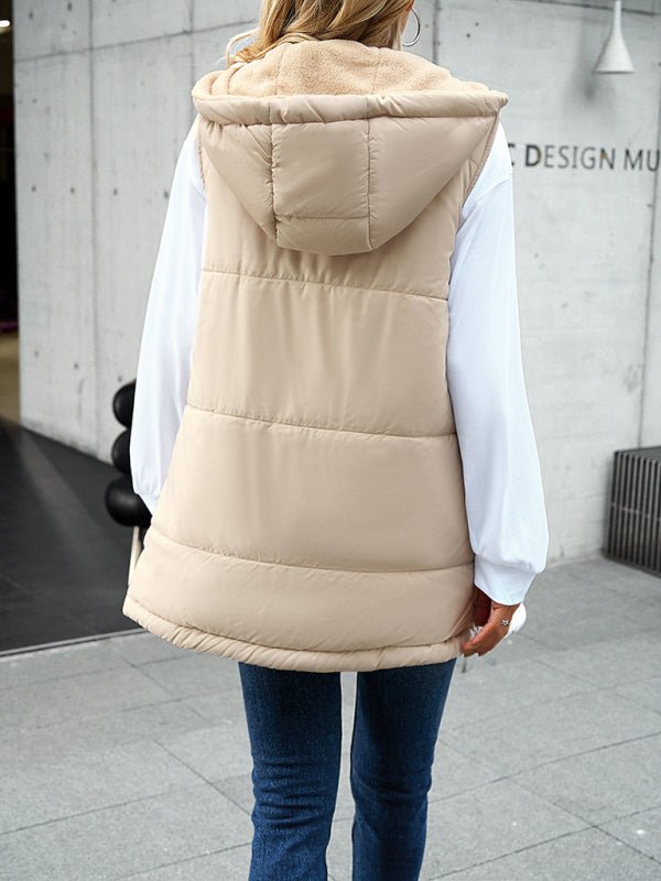 Women's new solid color winter loose commuting mid - length hooded cotton coat - Outerwear