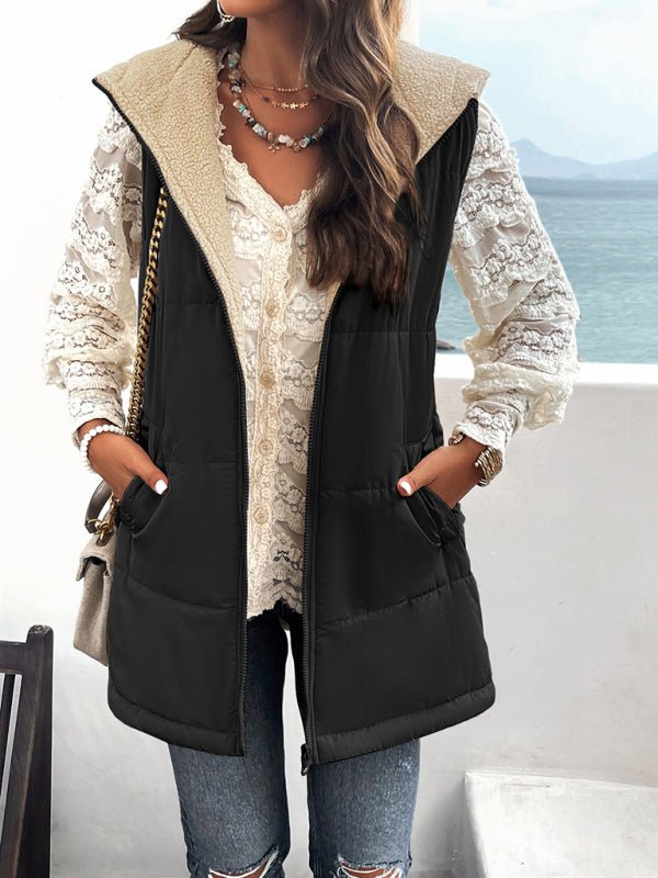 Women's new solid color winter loose commuting mid - length hooded cotton coat - Outerwear