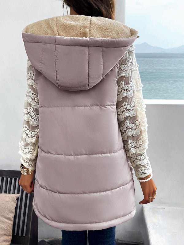 Women's new solid color winter loose commuting mid - length hooded cotton coat - Outerwear