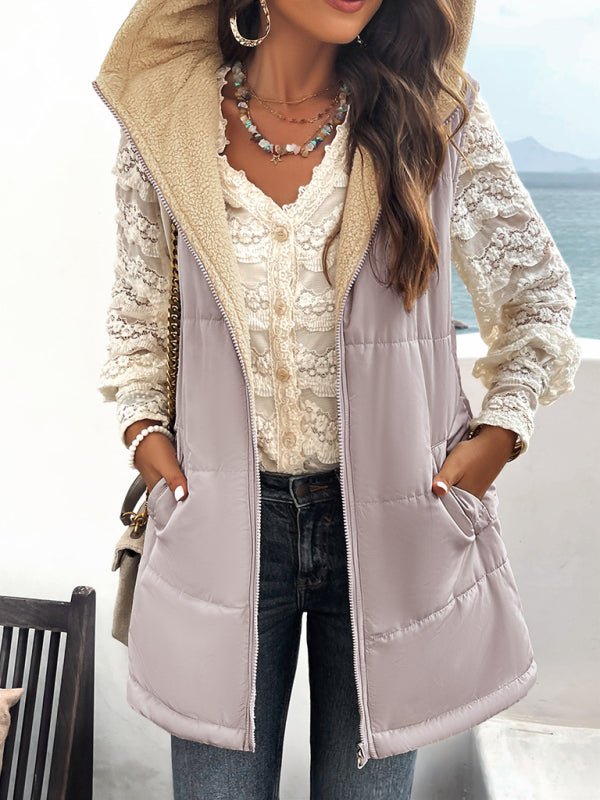 Women's new solid color winter loose commuting mid - length hooded cotton coat - Outerwear