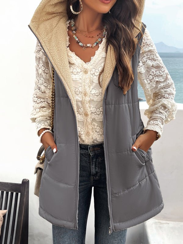 Women's new solid color winter loose commuting mid - length hooded cotton coat - Outerwear