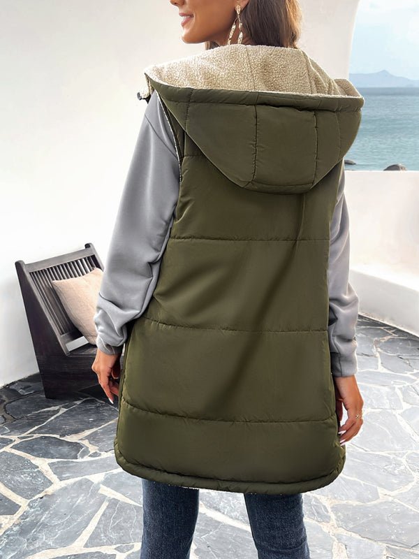 Women's new solid color winter loose commuting mid - length hooded cotton coat - Outerwear