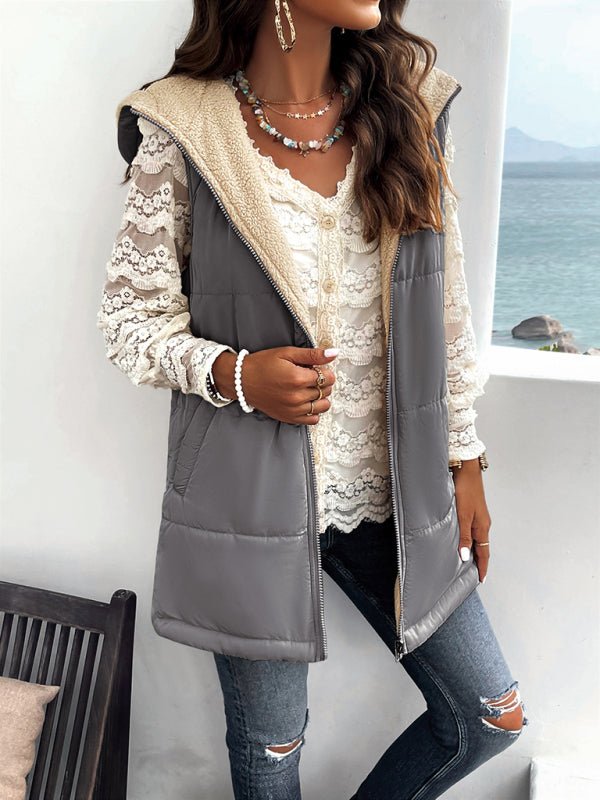 Women's new solid color winter loose commuting mid - length hooded cotton coat - Outerwear