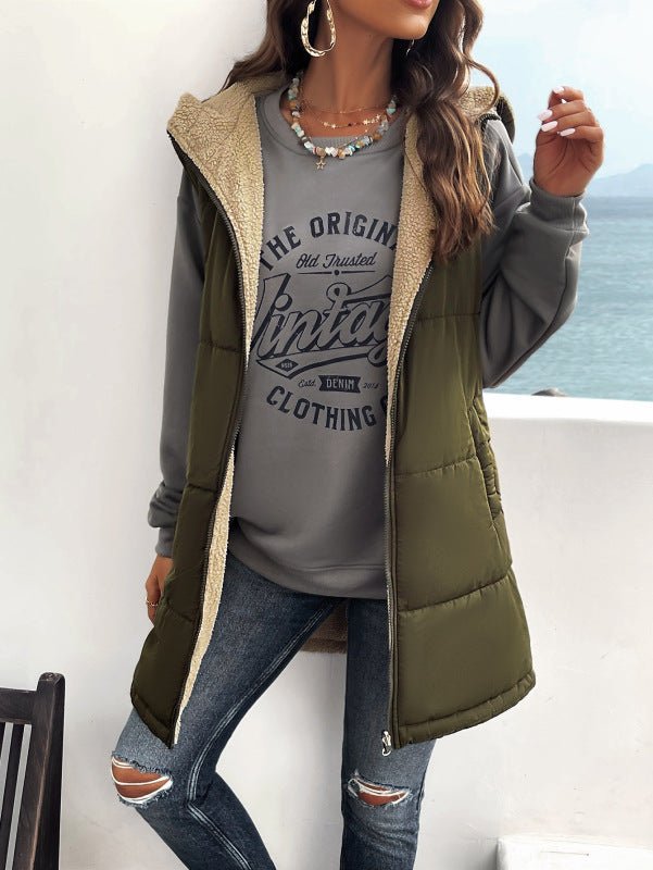 Women's new solid color winter loose commuting mid - length hooded cotton coat - Outerwear