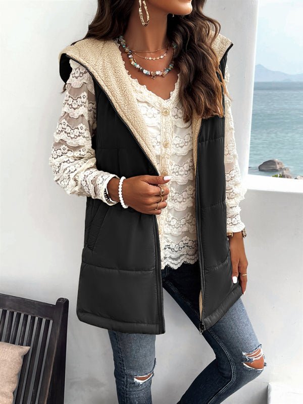 Women's new solid color winter loose commuting mid - length hooded cotton coat - Outerwear