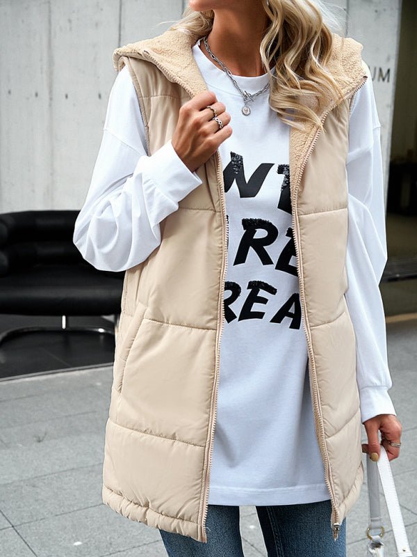 Women's new solid color winter loose commuting mid - length hooded cotton coat - Outerwear
