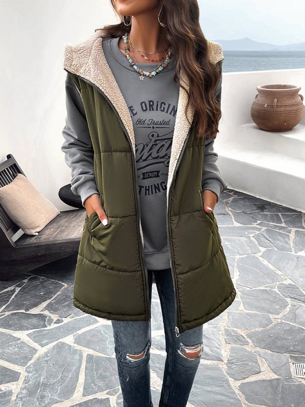Women's new solid color winter loose commuting mid - length hooded cotton coat - Outerwear