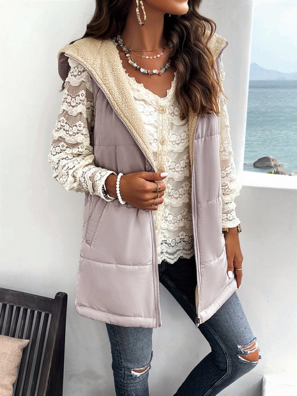 Women's new solid color winter loose commuting mid - length hooded cotton coat - Outerwear