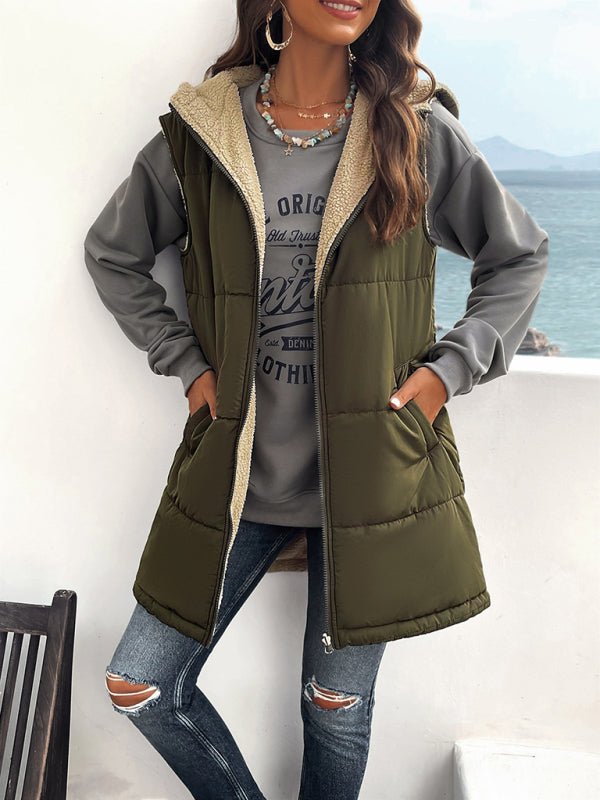 Women's new solid color winter loose commuting mid - length hooded cotton coat - Outerwear