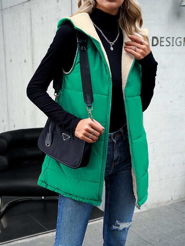 Women's new solid color winter loose commuting mid - length hooded cotton coat - Outerwear