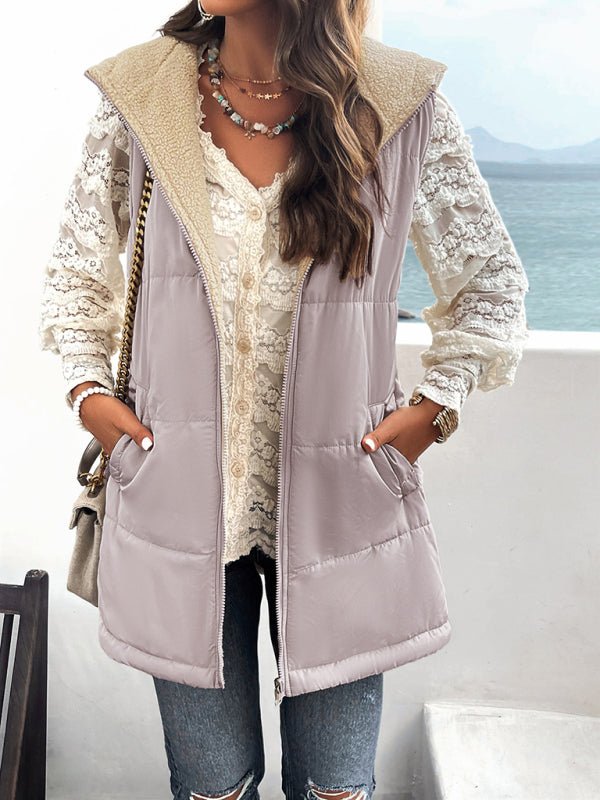 Women's new solid color winter loose commuting mid - length hooded cotton coat - Outerwear