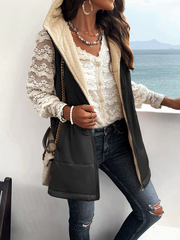 Women's new solid color winter loose commuting mid - length hooded cotton coat - Outerwear