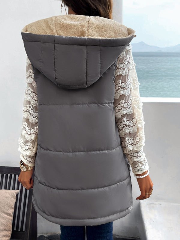 Women's new solid color winter loose commuting mid - length hooded cotton coat - Outerwear