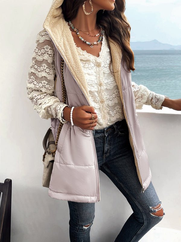 Women's new solid color winter loose commuting mid - length hooded cotton coat - Outerwear