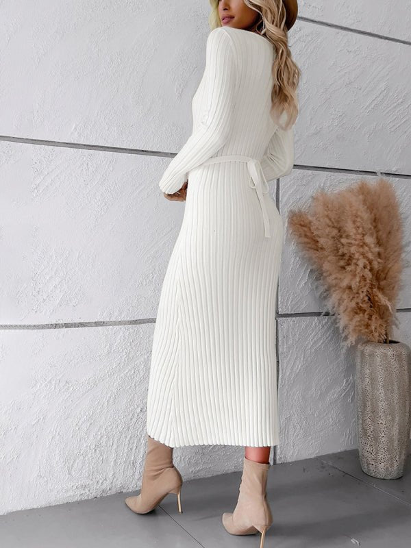 Women's new style elegant solid color v - neck long - sleeved sweater dress - Sweater Dress