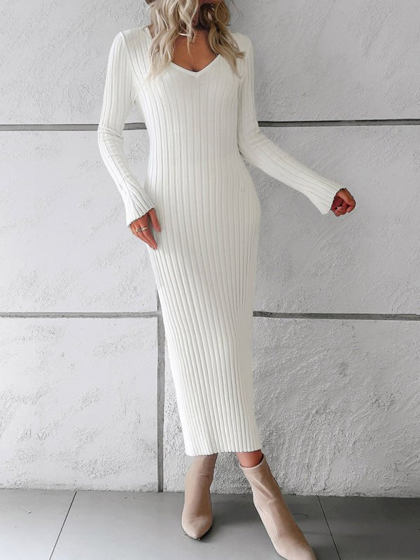 Women's new style elegant solid color v - neck long - sleeved sweater dress - Sweater Dress