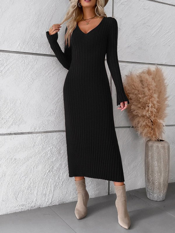 Women's new style elegant solid color v - neck long - sleeved sweater dress - Sweater Dress