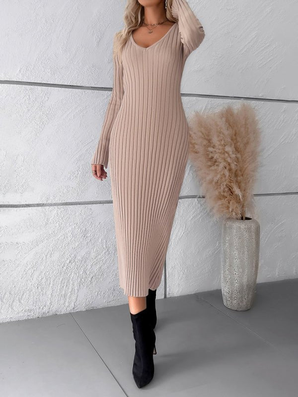 Women's new style elegant solid color v - neck long - sleeved sweater dress - Sweater Dress