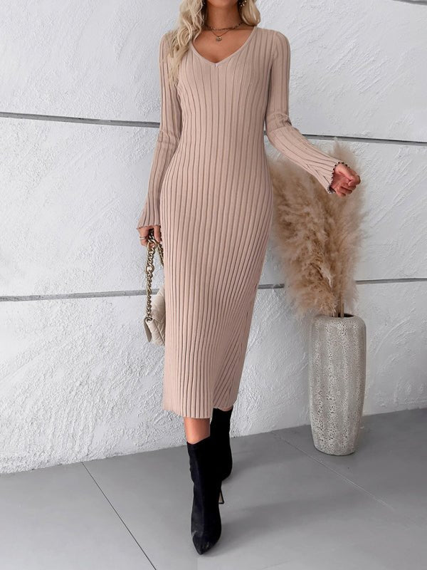 Women's new style elegant solid color v - neck long - sleeved sweater dress - Sweater Dress