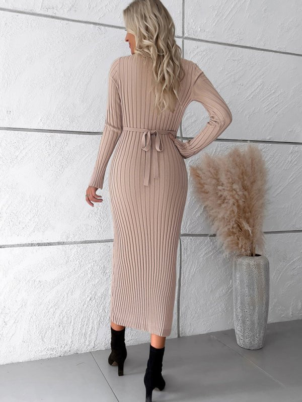 Women's new style elegant solid color v - neck long - sleeved sweater dress - Sweater Dress