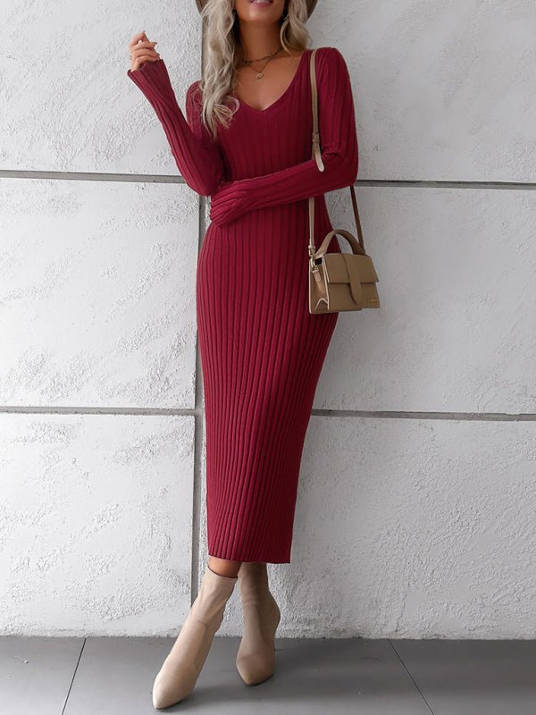 Women's new style elegant solid color v - neck long - sleeved sweater dress - Sweater Dress