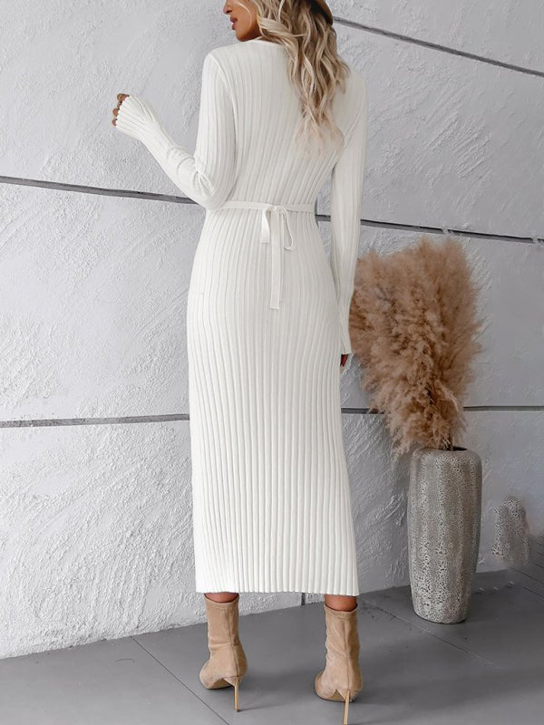 Women's new style elegant solid color v - neck long - sleeved sweater dress - Sweater Dress