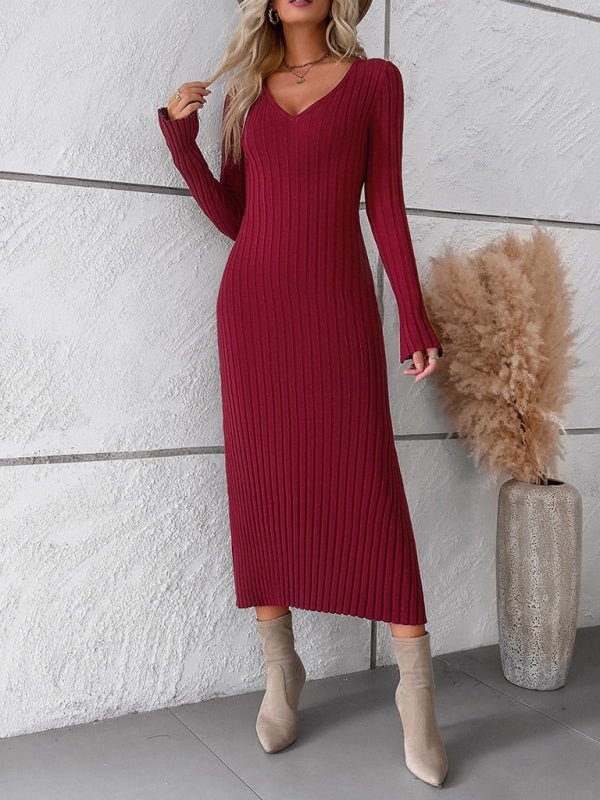 Women's new style elegant solid color v - neck long - sleeved sweater dress - Sweater Dress