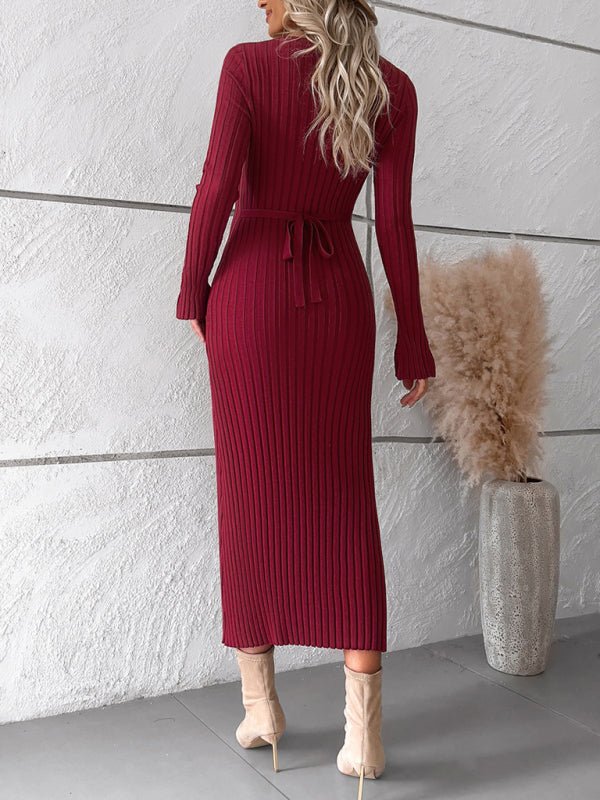 Women's new style elegant solid color v - neck long - sleeved sweater dress - Sweater Dress