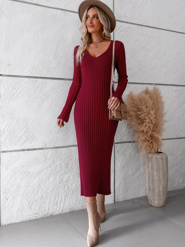 Women's new style elegant solid color v - neck long - sleeved sweater dress - Sweater Dress