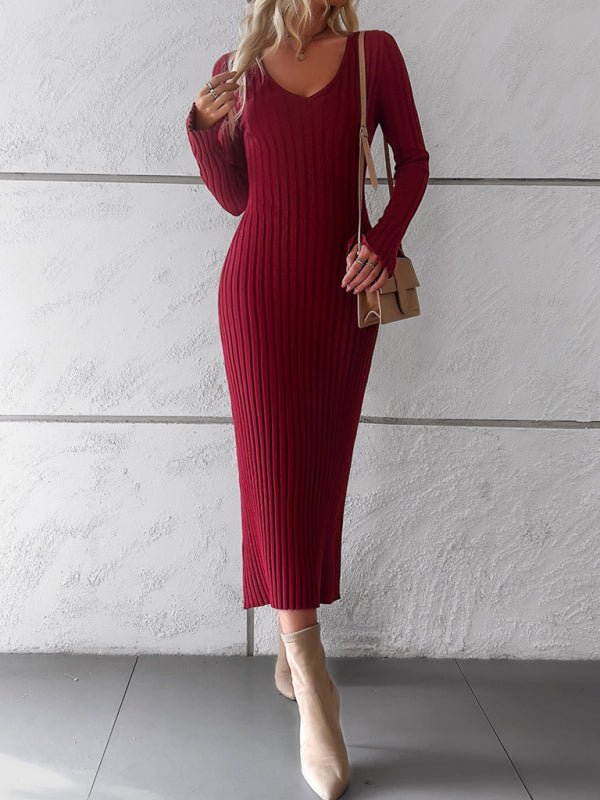 Women's new style elegant solid color v - neck long - sleeved sweater dress - Sweater Dress