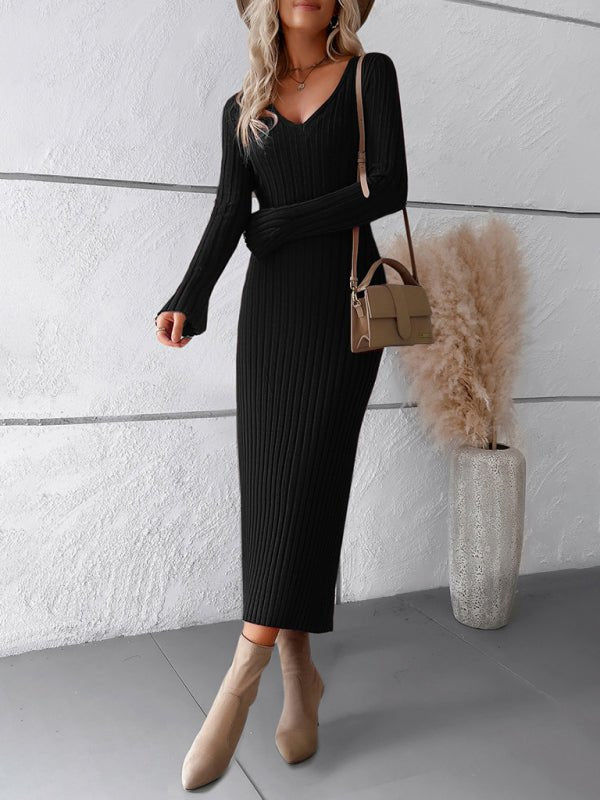 Women's new style elegant solid color v - neck long - sleeved sweater dress - Sweater Dress