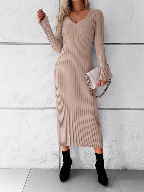 Women's new style elegant solid color v - neck long - sleeved sweater dress - Sweater Dress
