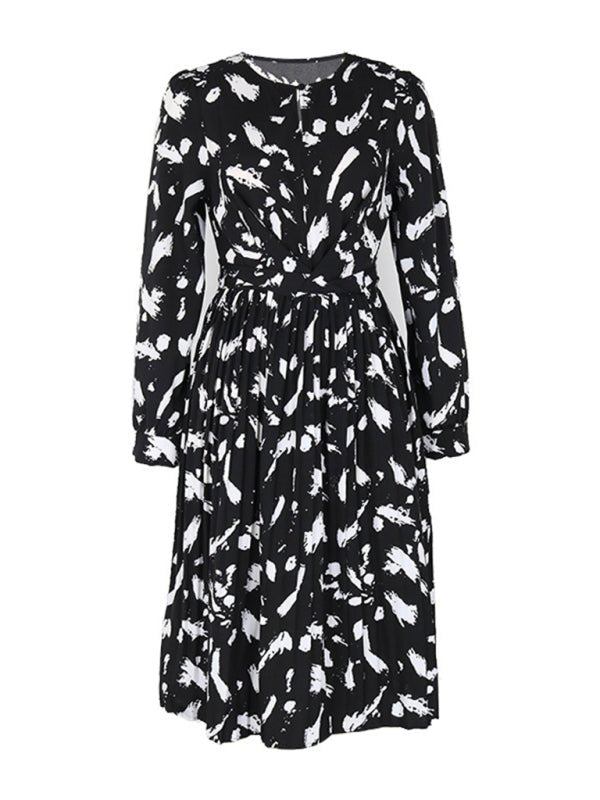 Women's new temperament printed black long - sleeved dress - Day Dress