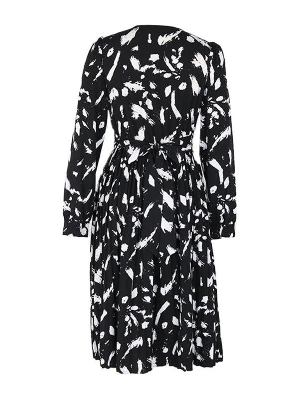 Women's new temperament printed black long - sleeved dress - Day Dress