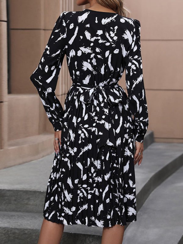 Women's new temperament printed black long - sleeved dress - Day Dress