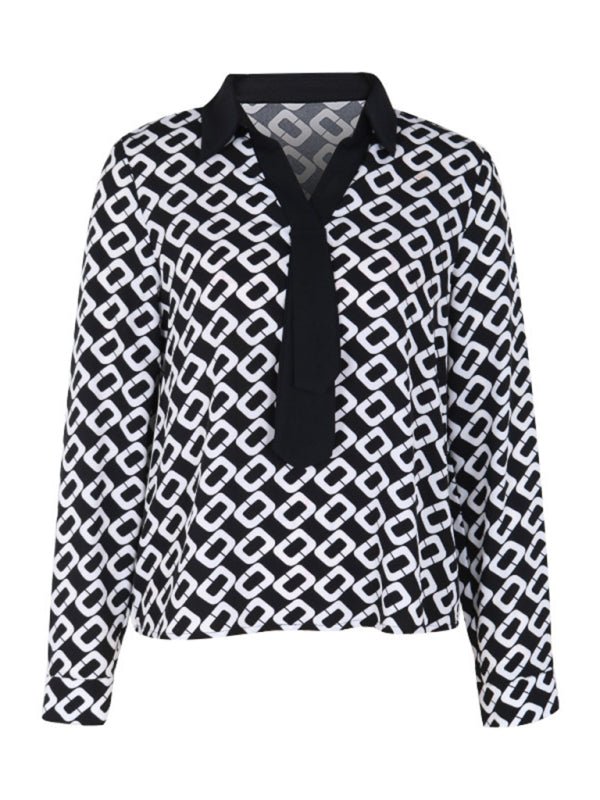 Women's new V - lapel printed long - sleeved shirt - Top
