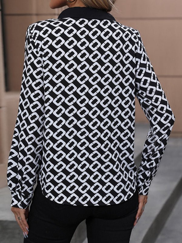 Women's new V - lapel printed long - sleeved shirt - Top