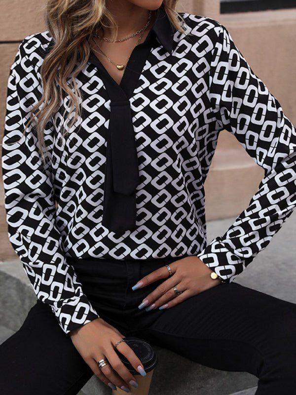 Women's new V - lapel printed long - sleeved shirt - Top