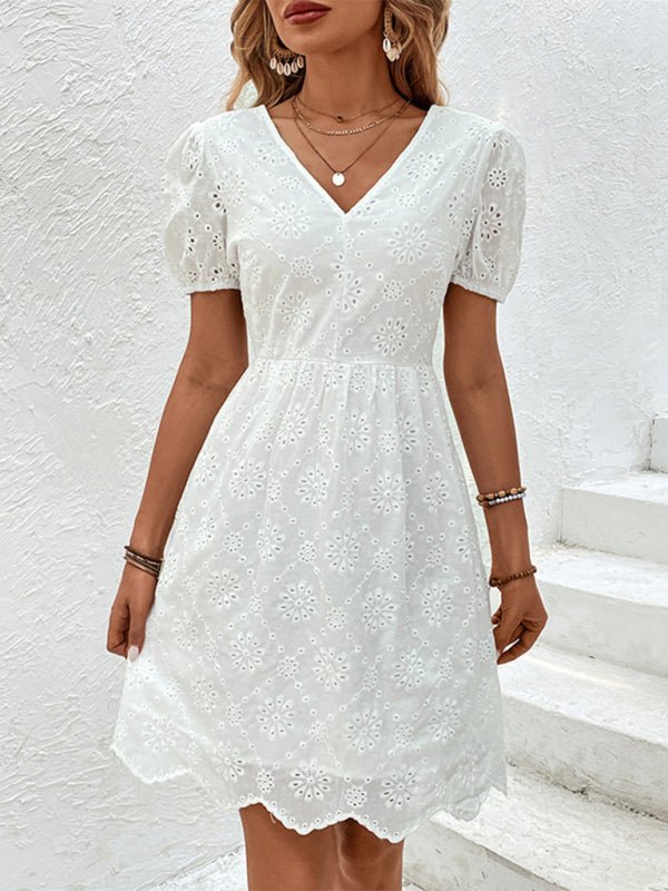 Women's new v - neck puff sleeve white dress - Day Dress