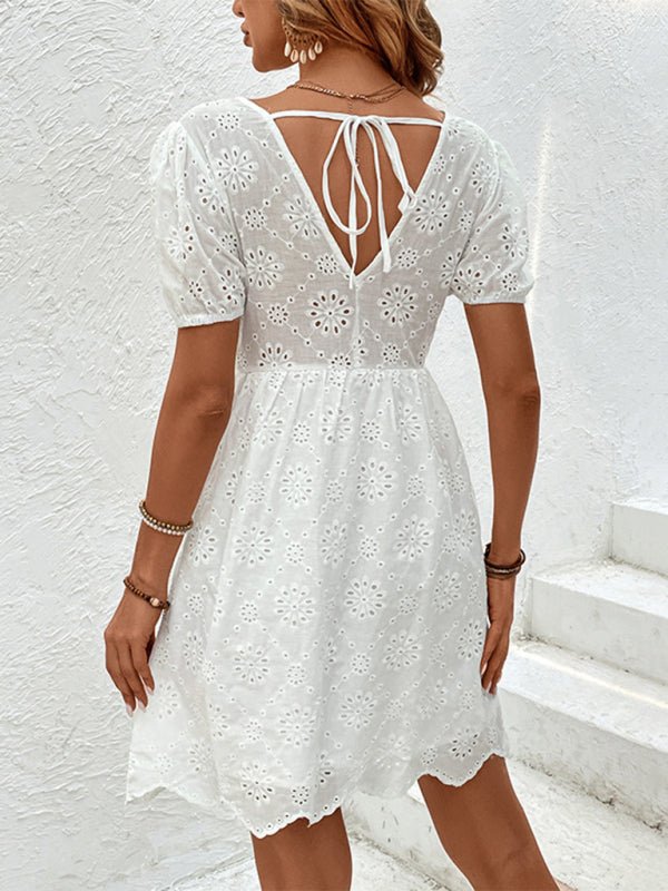 Women's new v - neck puff sleeve white dress - Day Dress