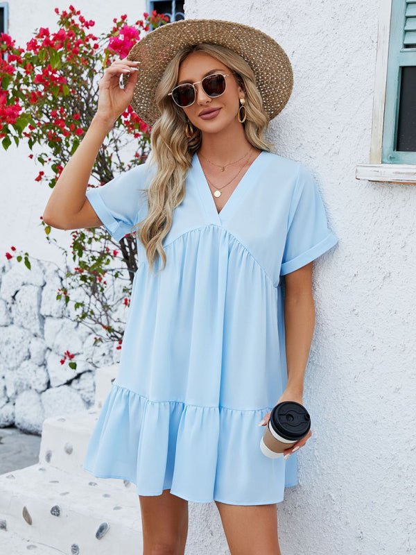 Women's new V - neck solid color short - sleeved pleated loose dress - Day Dress