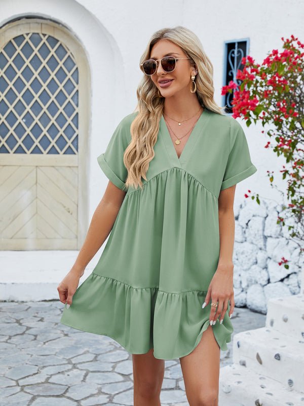 Women's new V - neck solid color short - sleeved pleated loose dress - Day Dress