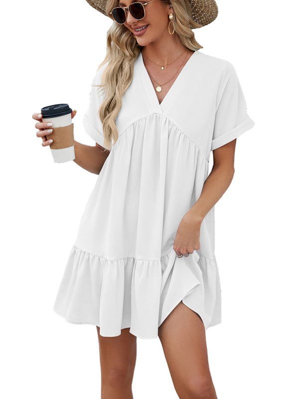 Women's new V - neck solid color short - sleeved pleated loose dress - Day Dress
