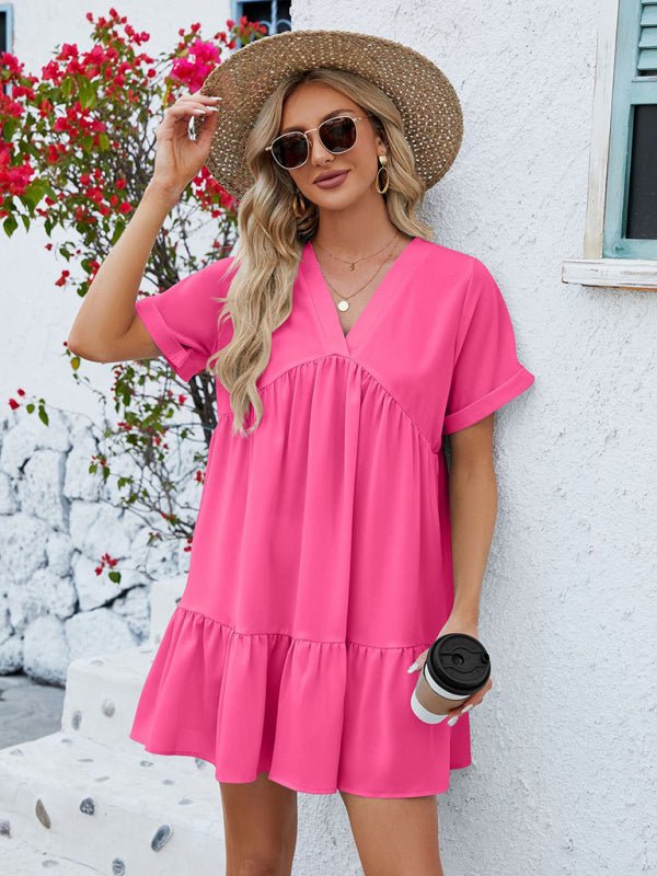 Women's new V - neck solid color short - sleeved pleated loose dress - Day Dress