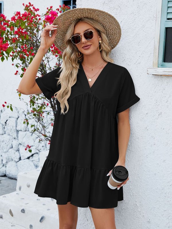 Women's new V - neck solid color short - sleeved pleated loose dress - Day Dress
