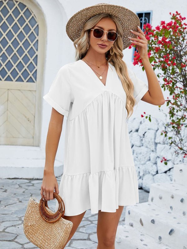 Women's new V - neck solid color short - sleeved pleated loose dress - Day Dress