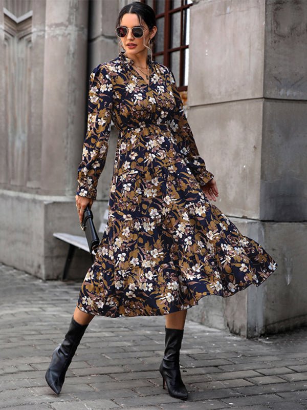 Women's new V - neck waist long - sleeved printed dress - Day Dress
