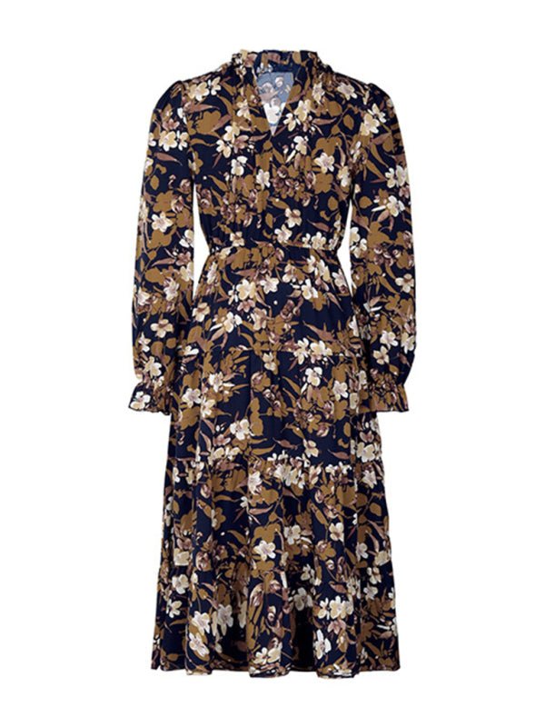 Women's new V - neck waist long - sleeved printed dress - Day Dress